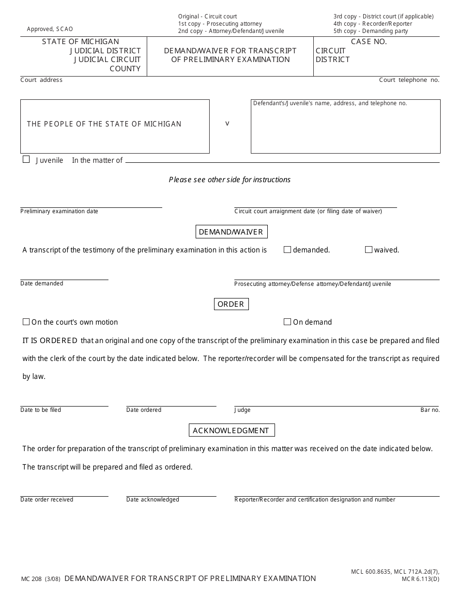 Form MC208 Demand / Waiver for Transcript of Preliminary Examination - Michigan, Page 1