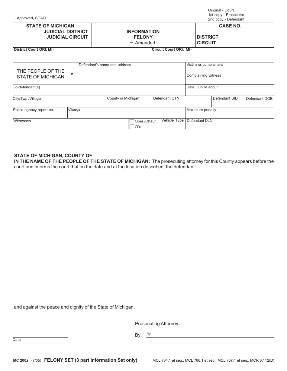 Form MC200A Felony Set (Information Only) - Michigan, Page 1