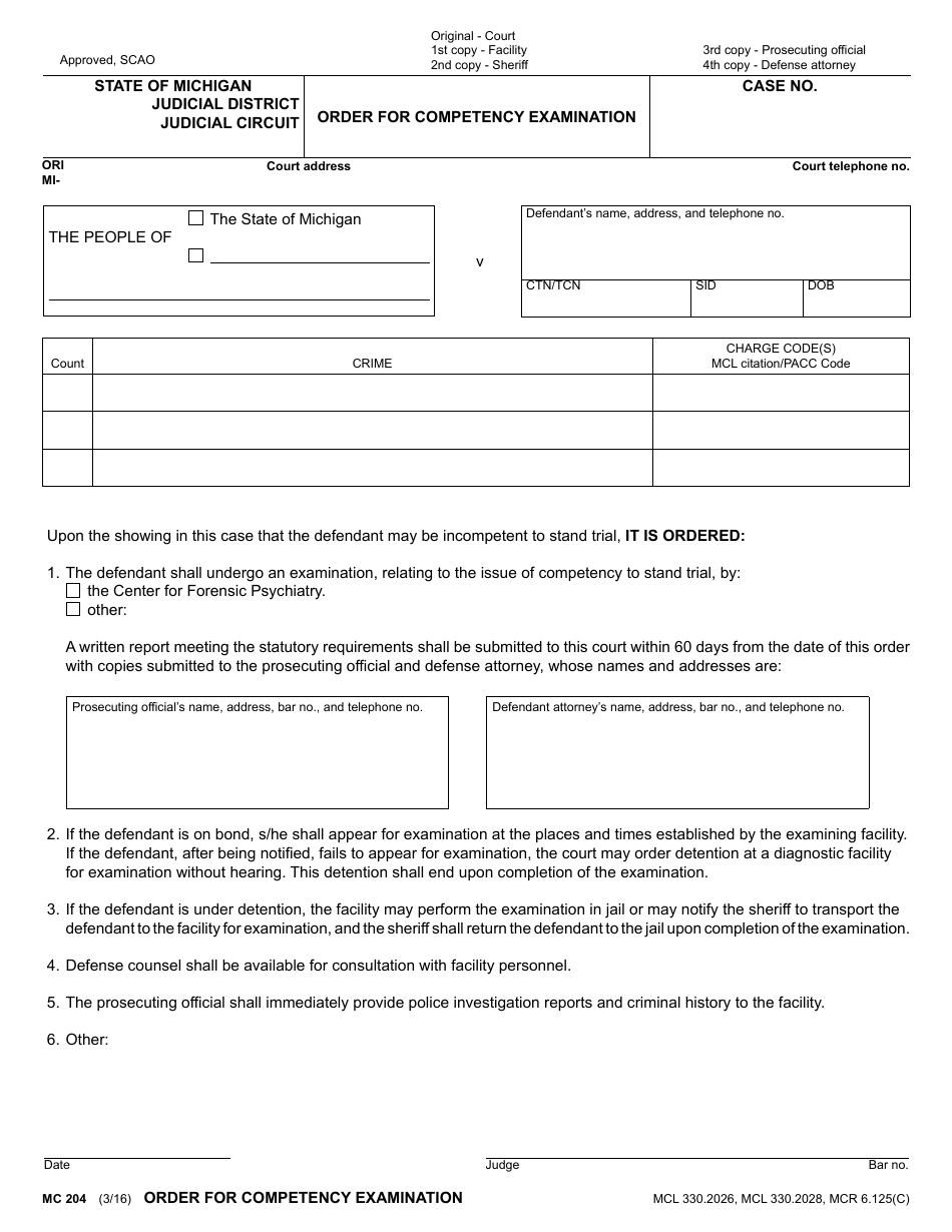 Form MC204 Order for Competency Examination - Michigan, Page 1