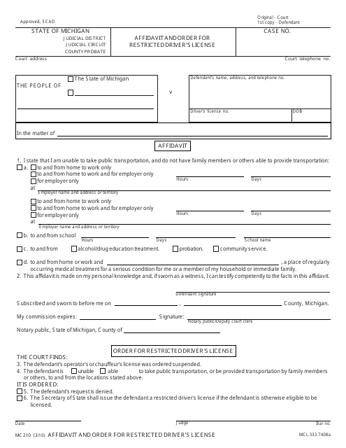 Form MC210 Affidavit and Order for Restricted Driver's License - Michigan