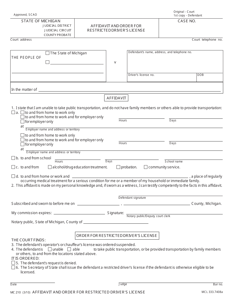 Form MC210 Affidavit and Order for Restricted Drivers License - Michigan, Page 1