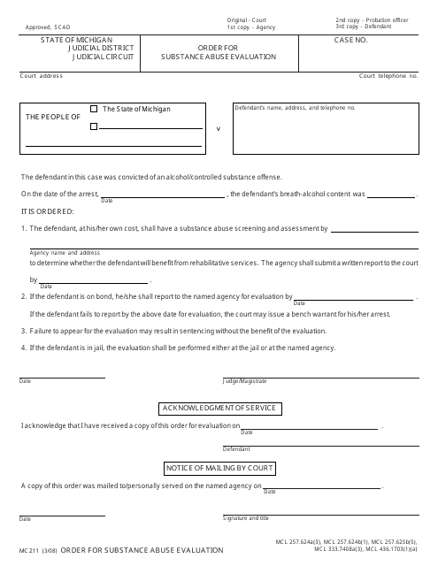 Form MC211 Order for Substance Abuse Evaluation - Michigan