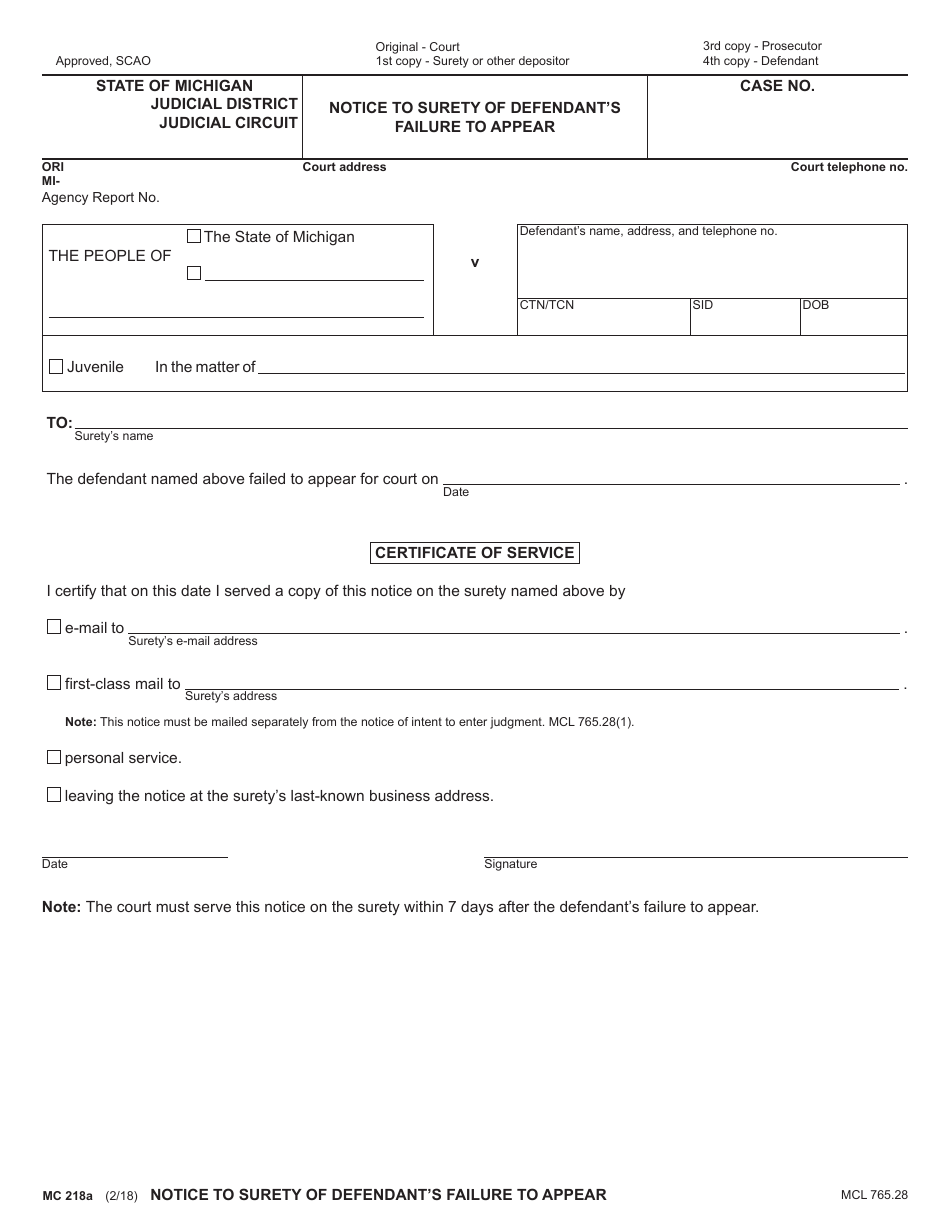 Form MC218A Notice to Surety of Defendants Failure to Appear - Michigan, Page 1