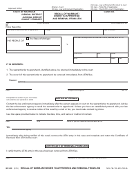 Document preview: Form MC220 Recall of Warrant/Order to Apprehend and Removal From Lein - Michigan