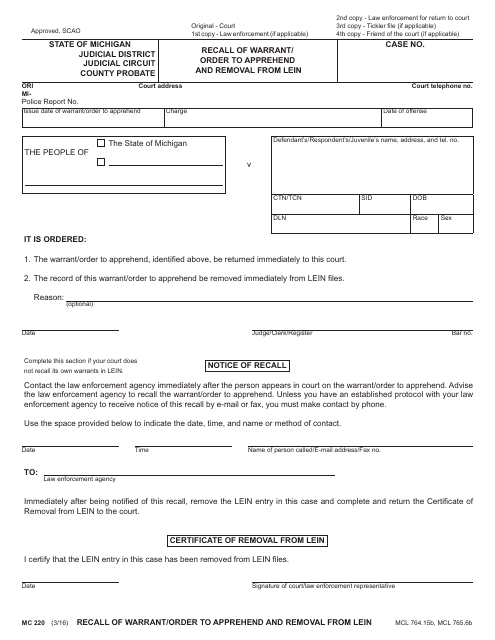 Form MC220 Recall of Warrant/Order to Apprehend and Removal From Lein - Michigan