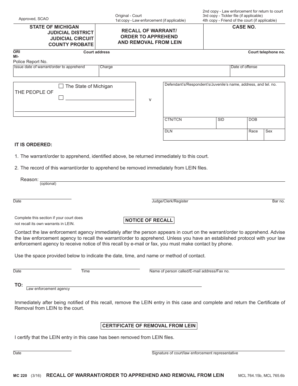 Form MC220 Recall of Warrant / Order to Apprehend and Removal From Lein - Michigan, Page 1