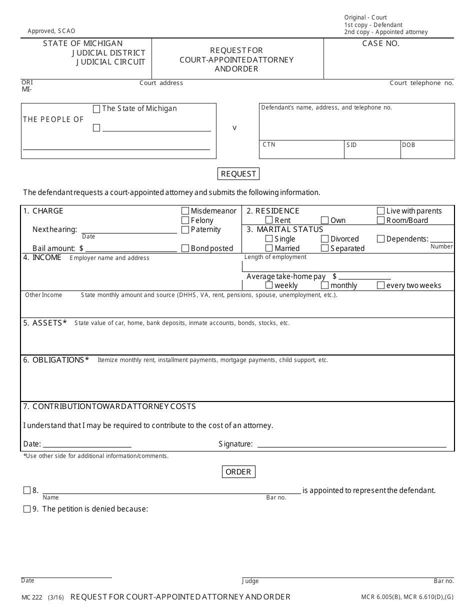 Form MC222 Request for Court-Appointed Attorney and Order - Michigan, Page 1