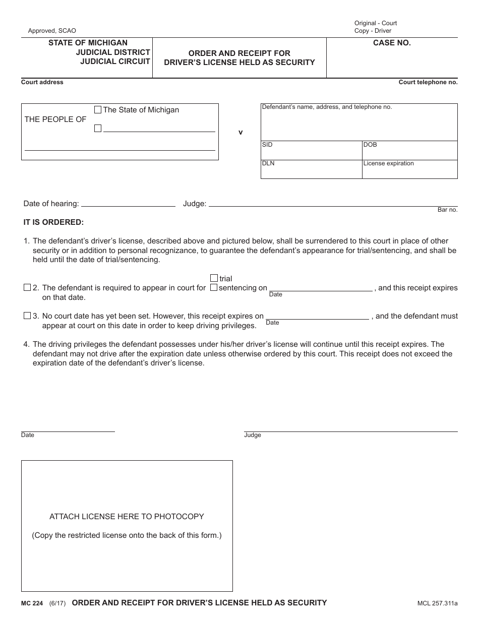 Form MC224 Order and Receipt for Drivers License Held as Security - Michigan, Page 1