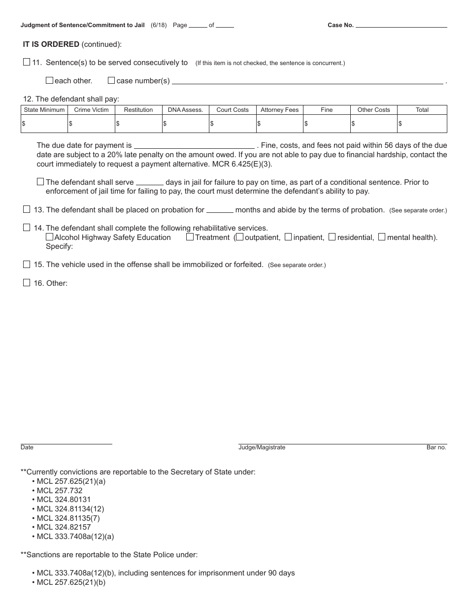Form MC219 Judgment of Sentence / Commitment to Jail - Michigan, Page 2