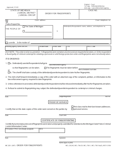 Form MC233 Order for Fingerprints - Michigan