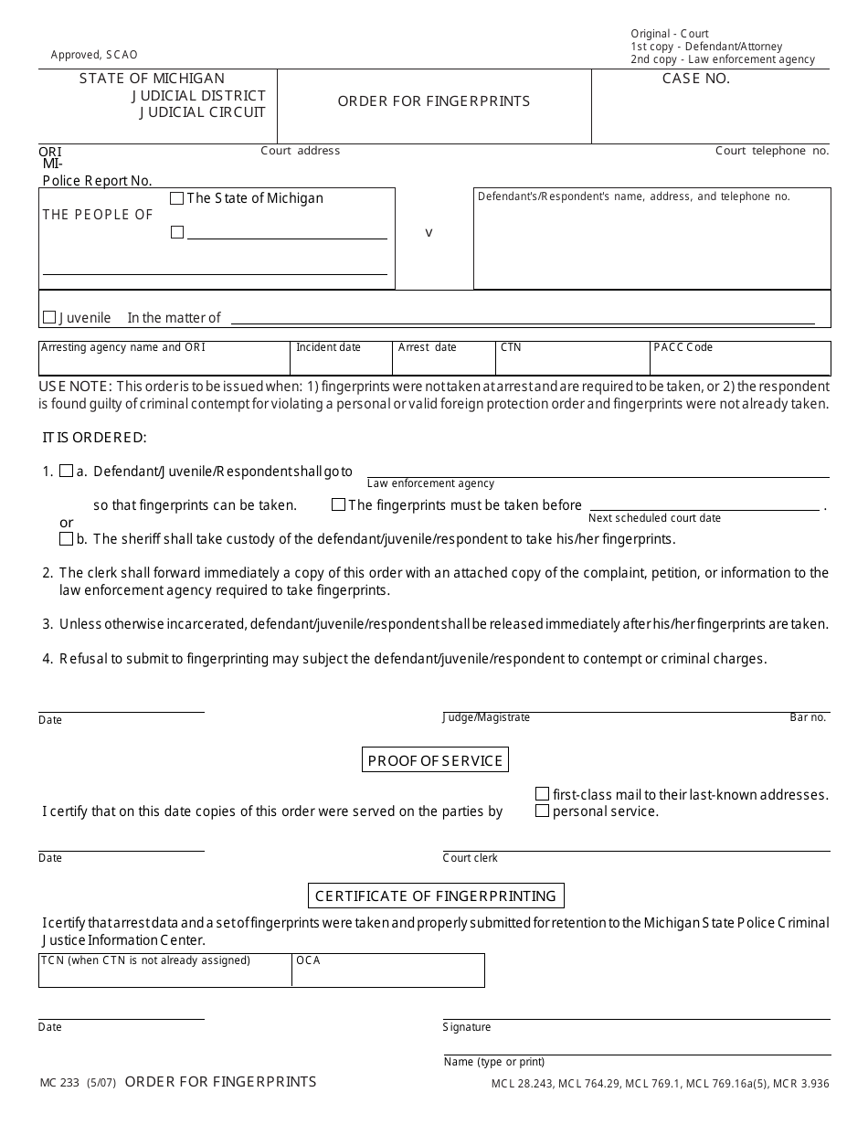 Form MC233 Order for Fingerprints - Michigan, Page 1