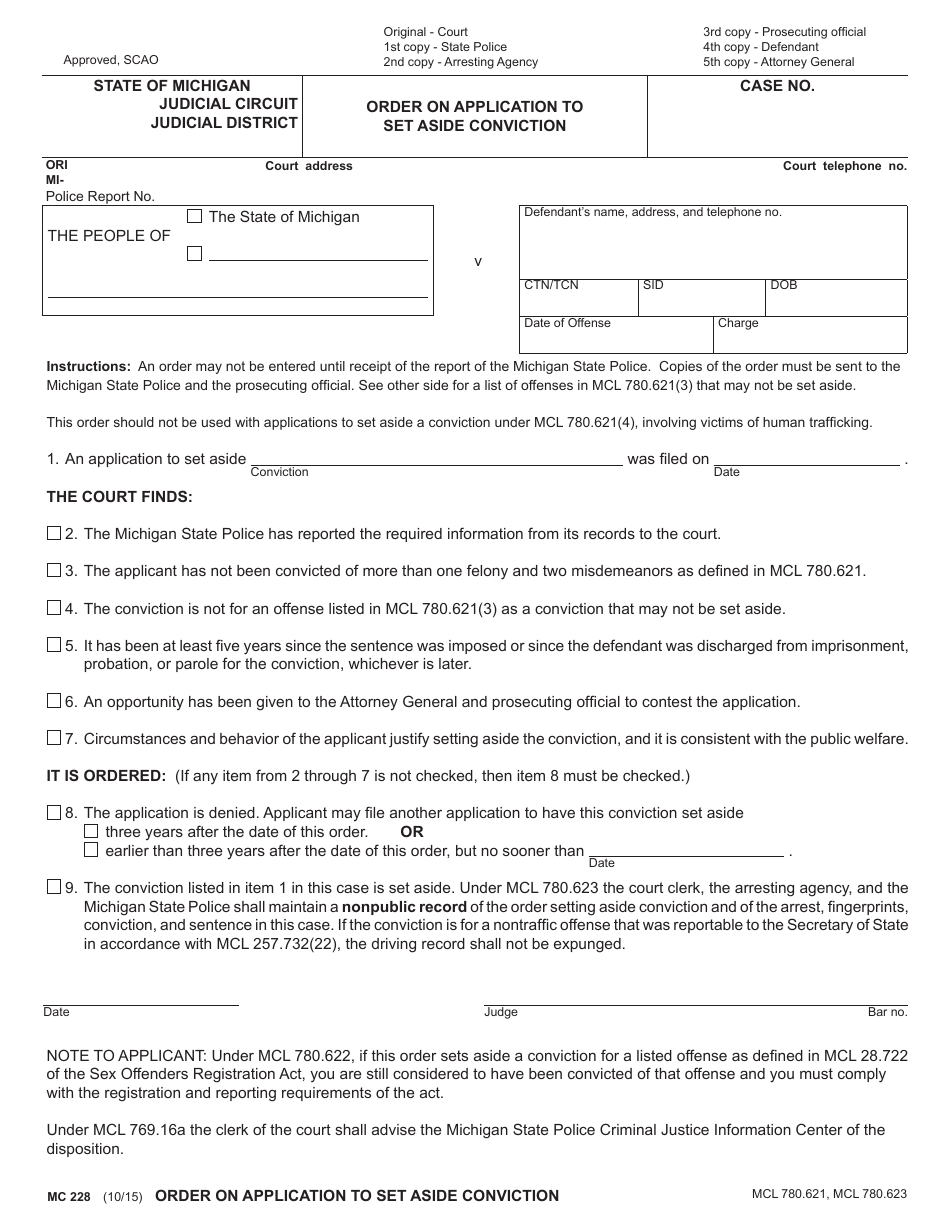 Form MC228 Order on Application to Set Aside Conviction - Michigan, Page 1