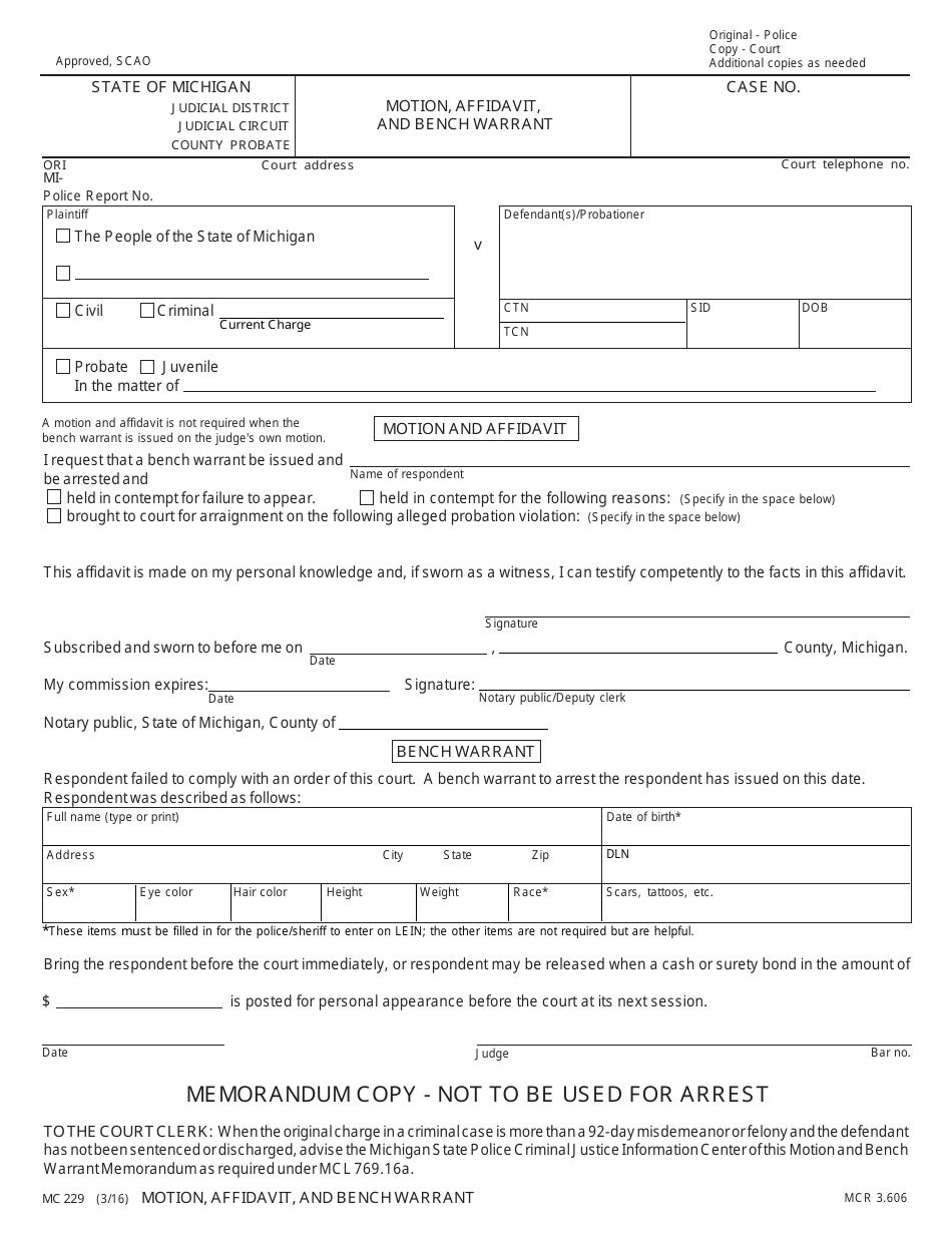 Form MC229 Motion, Affidavit, and Bench Warrant - Michigan, Page 2
