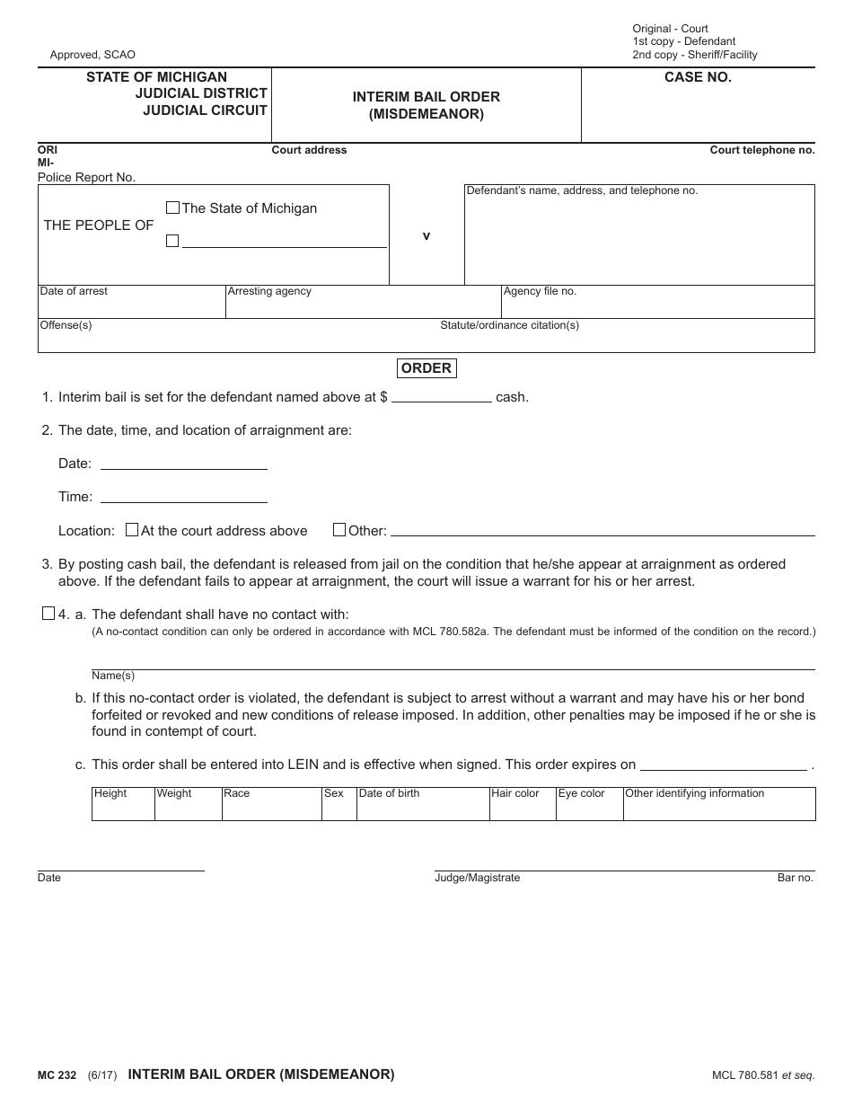 Form MC232 Interim Bail Order (Misdemeanor) - Michigan, Page 1