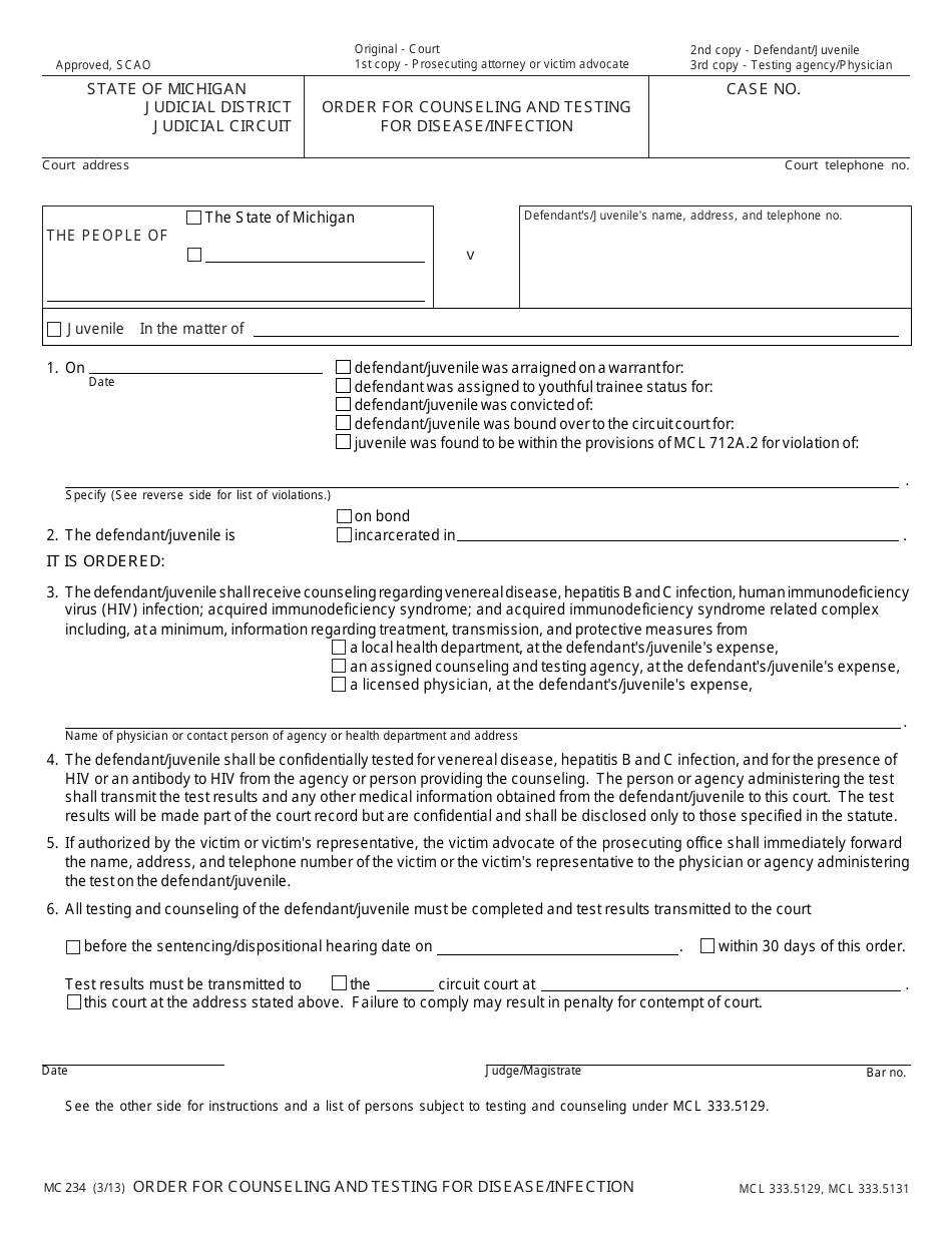 Form MC234 Order for Counseling and Testing for Disease / Infection - Michigan, Page 1