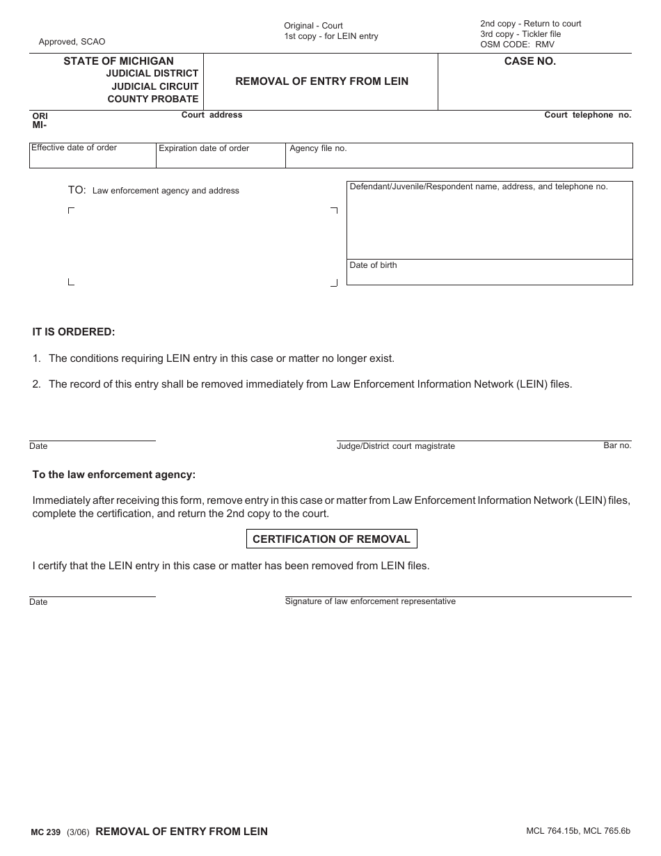 Form MC239 Removal of Entry From Lein - Michigan, Page 1