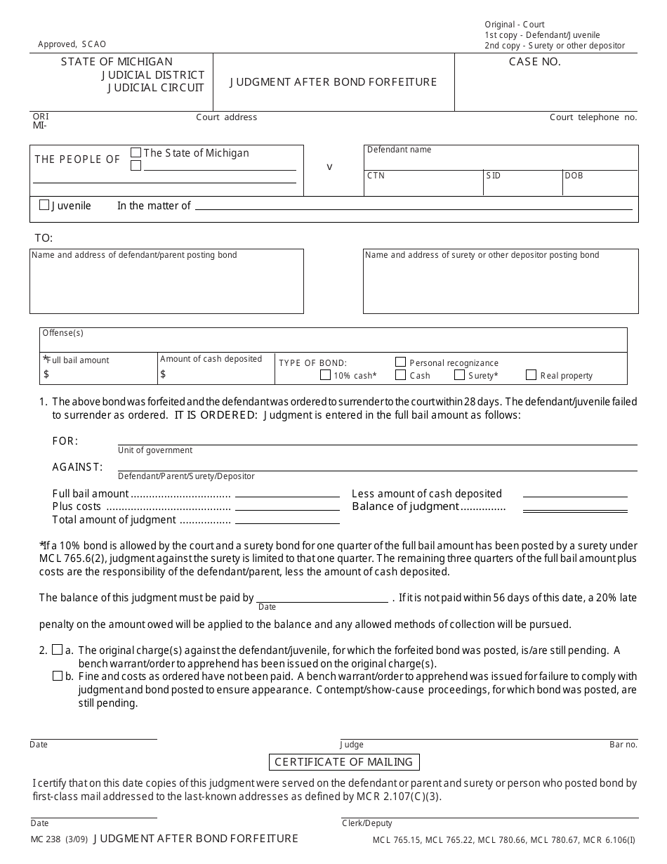 Form MC238 Judgment After Bond Forfeiture - Michigan, Page 1