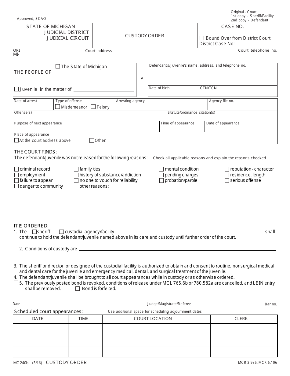 Form MC240B Download Fillable PDF Or Fill Online Custody Order Michigan 