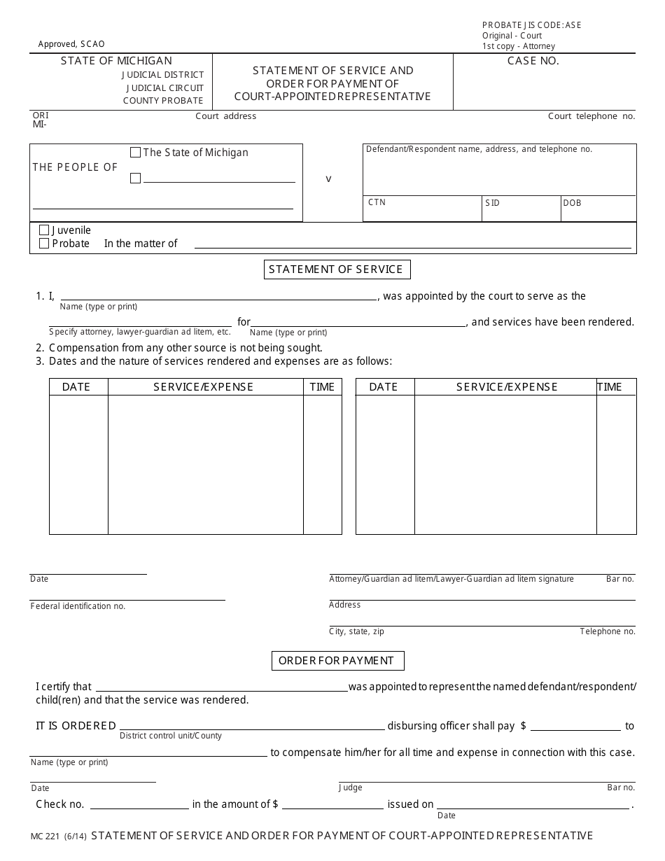 Form MC221 Statement of Service and Order for Payment of Court-Appointed Representative - Michigan, Page 1