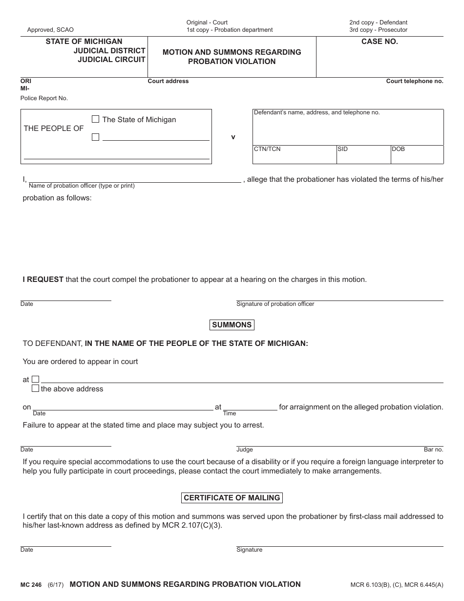Form MC246 Motion and Summons Regarding Probation Violation - Michigan, Page 1