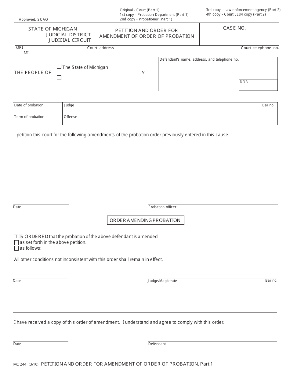 Form MC244 Petition and Order for Amendment of Order of Probation - Michigan, Page 1