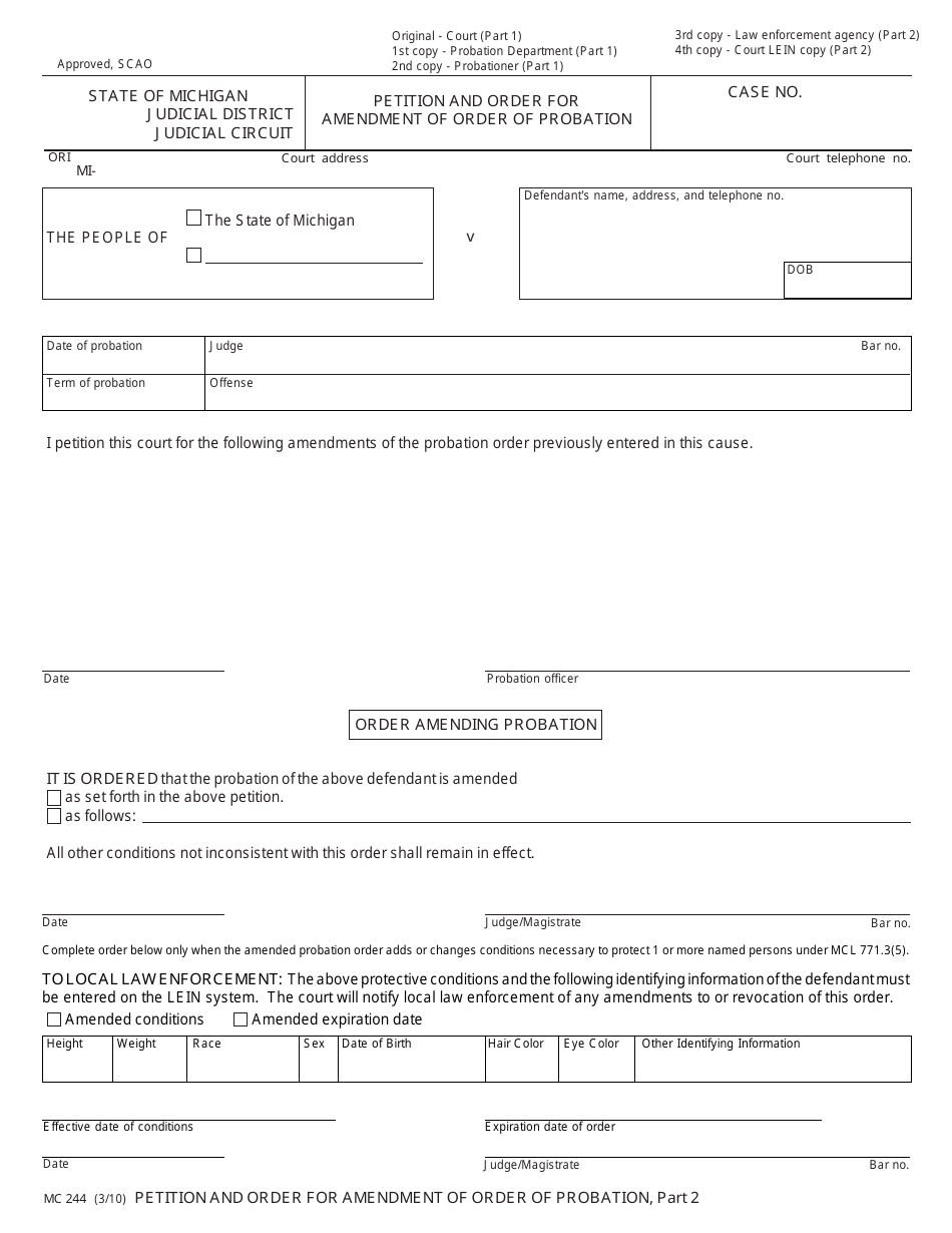 Form MC244 Petition and Order for Amendment of Order of Probation - Michigan, Page 2