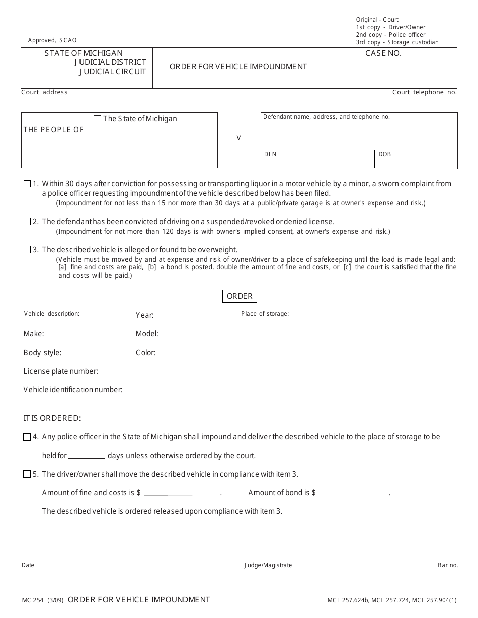 Form MC254 Order for Vehicle Impoundment - Michigan, Page 1