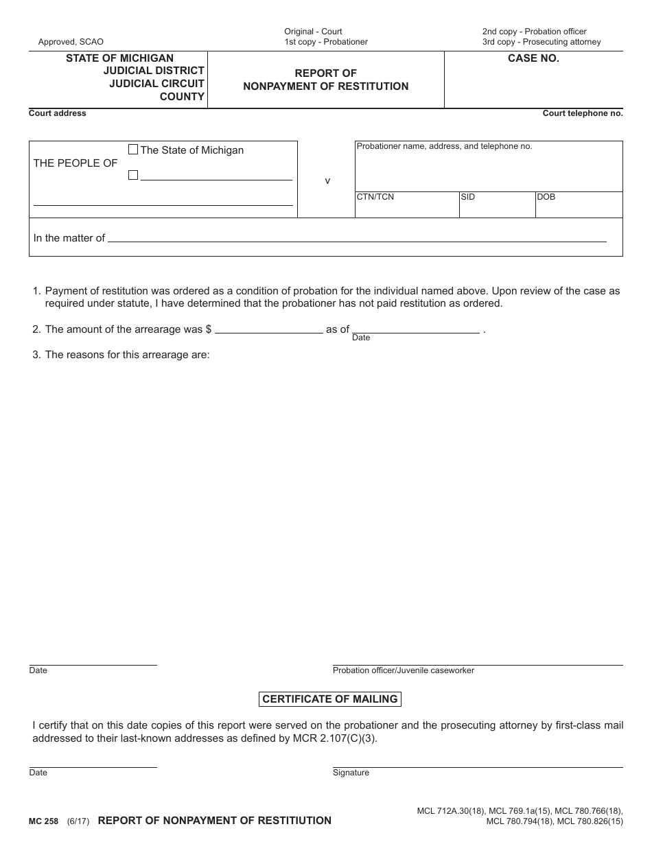 Form MC258 Report of Nonpayment of Restitution - Michigan, Page 1