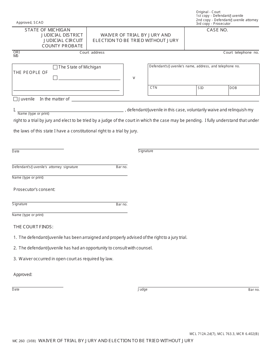 Form MC260 Download Fillable PDF or Fill Online Waiver of Trial by Jury ...