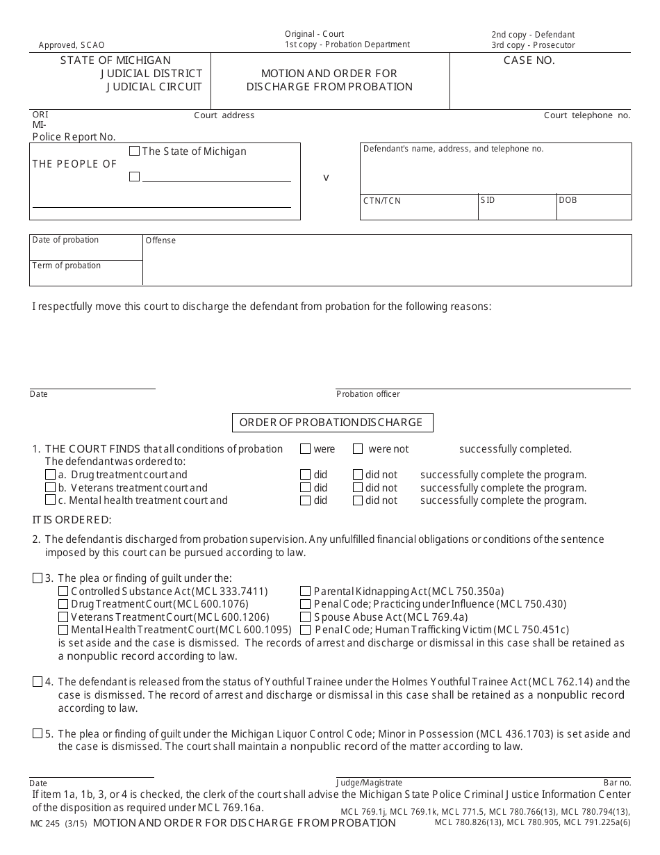 Form MC245 Motion and Order for Discharge From Probation - Michigan, Page 1