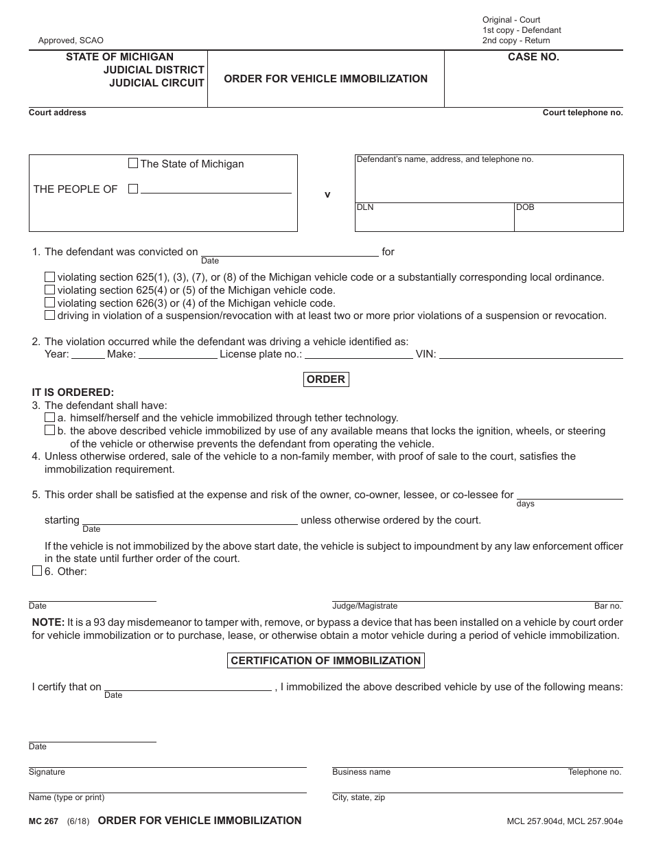 Form MC267 Order for Vehicle Immobilization - Michigan, Page 1