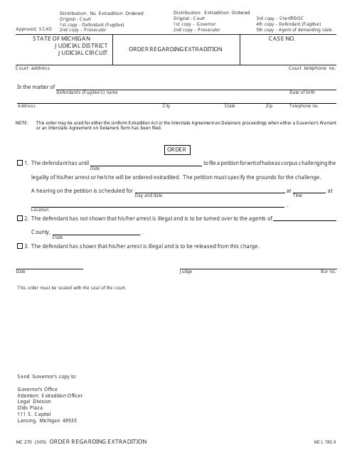 Form MC270 Order Regarding Extradition - Michigan