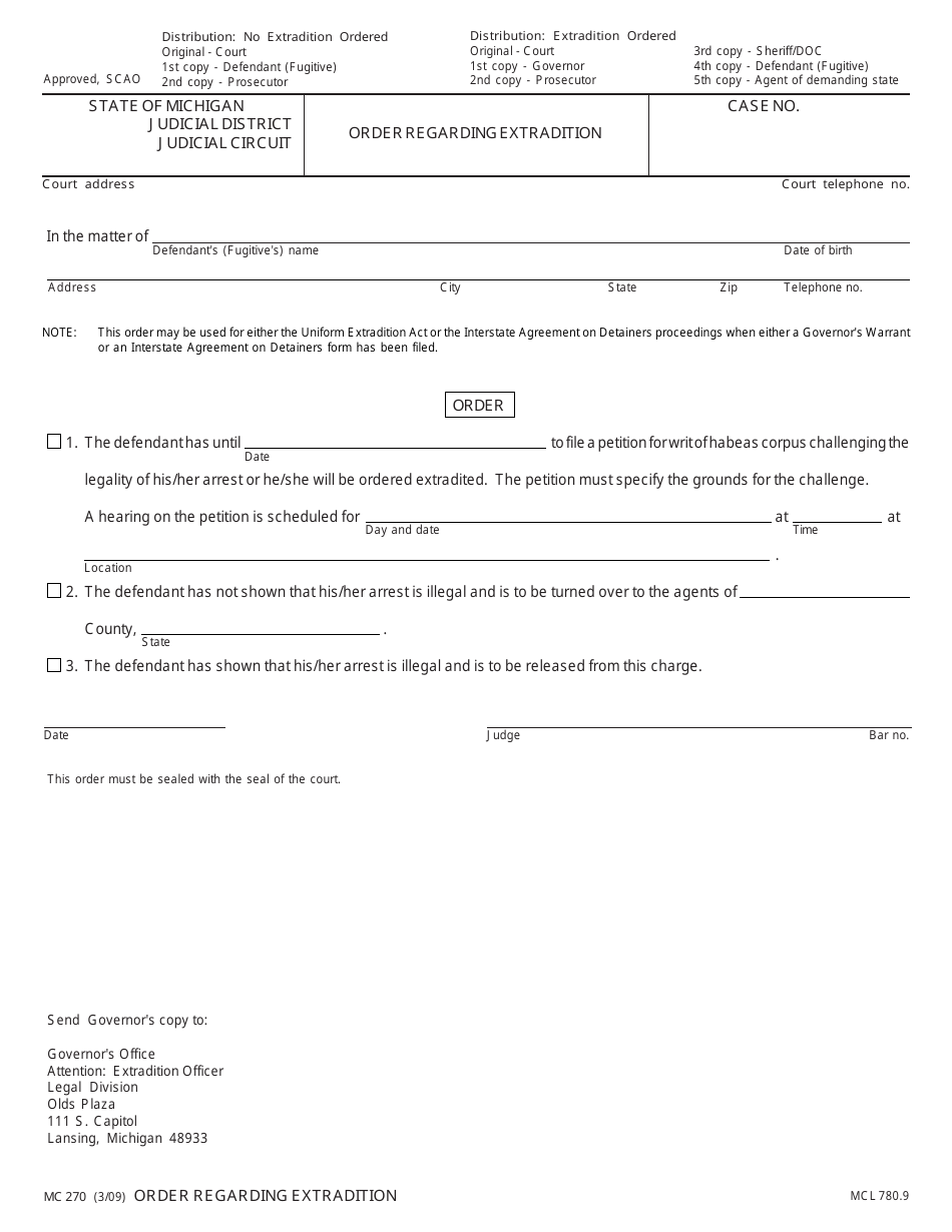Form MC270 Order Regarding Extradition - Michigan, Page 1