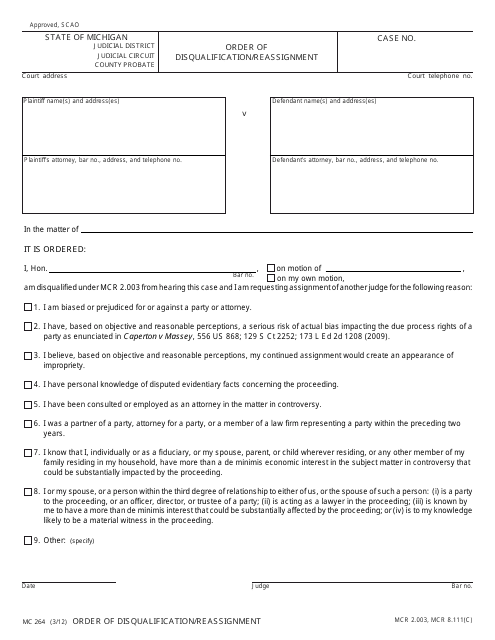 Form MC264 Order of Disqualification/Reassignment - Michigan