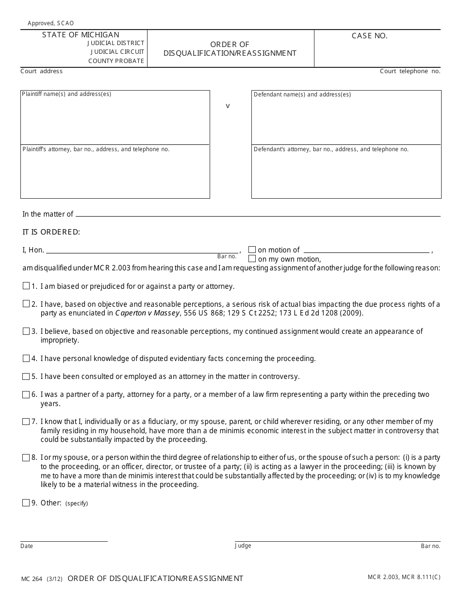 Form MC264 - Fill Out, Sign Online and Download Fillable PDF, Michigan ...