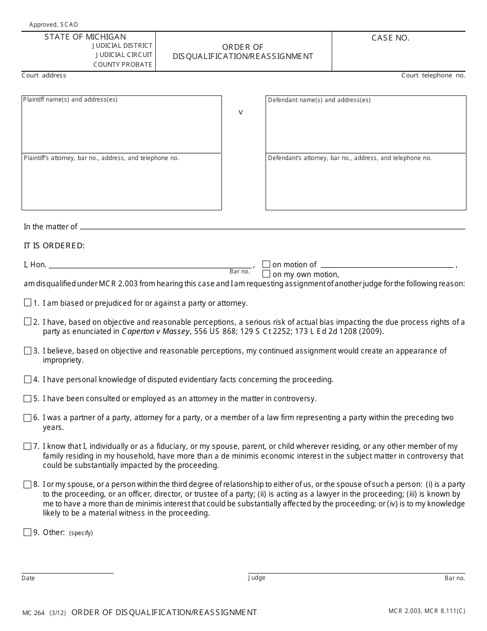 Form MC264 Order of Disqualification / Reassignment - Michigan, Page 1