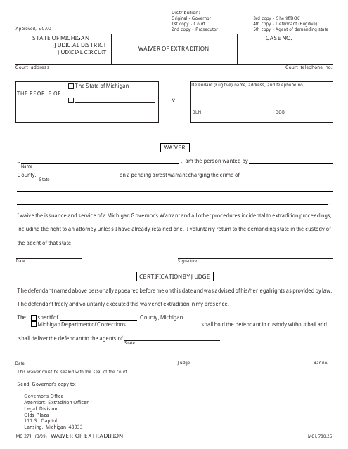 Form MC271 Waiver of Extradition - Michigan