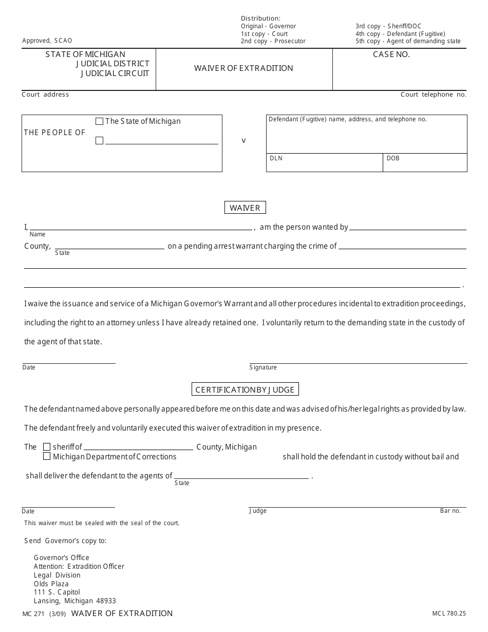 Form MC271 Waiver of Extradition - Michigan, Page 1