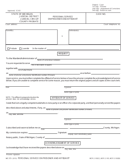 Form MC273 Personal Service on Prisoner and Affidavit - Michigan
