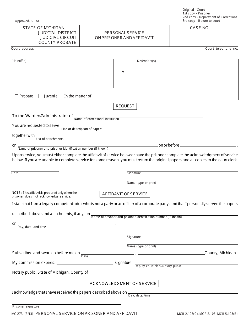 Form MC273 Personal Service on Prisoner and Affidavit - Michigan, Page 1