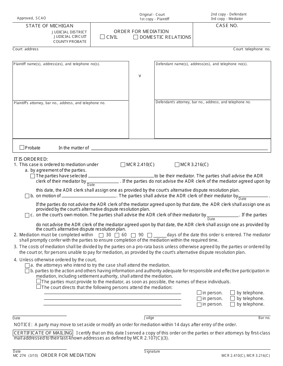 Form MC274 Order for Mediation - Michigan, Page 1