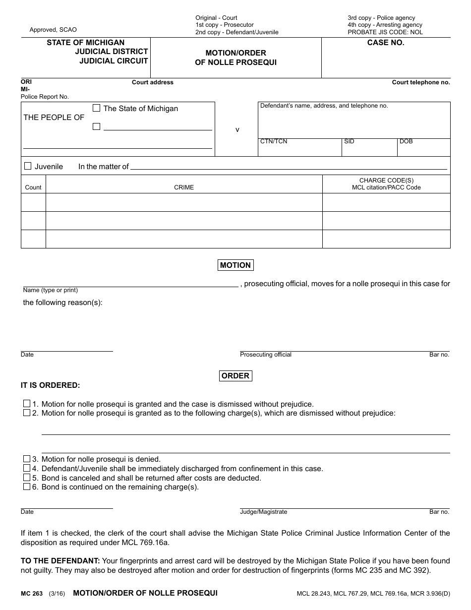 Form MC263 Motion / Order of Nolle Prosequi - Michigan, Page 1
