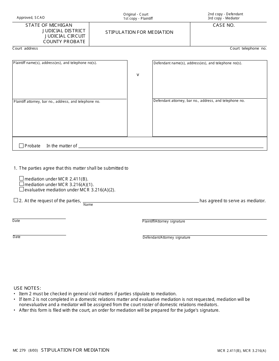 Form MC279 Stipulation for Mediation - Michigan, Page 1