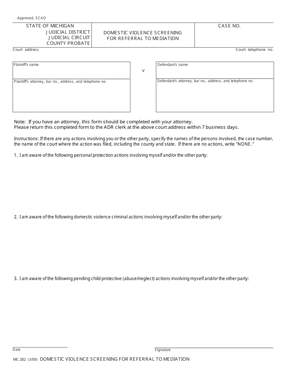 Form MC282 Domestic Violence Screening for Referral to Mediation - Michigan, Page 1