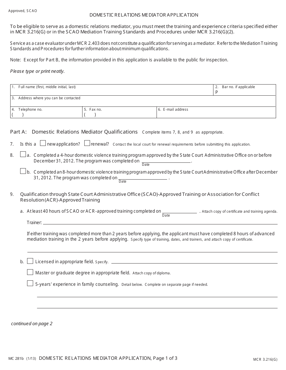 Form MC281B Domestic Relations Mediator Application - Michigan, Page 1