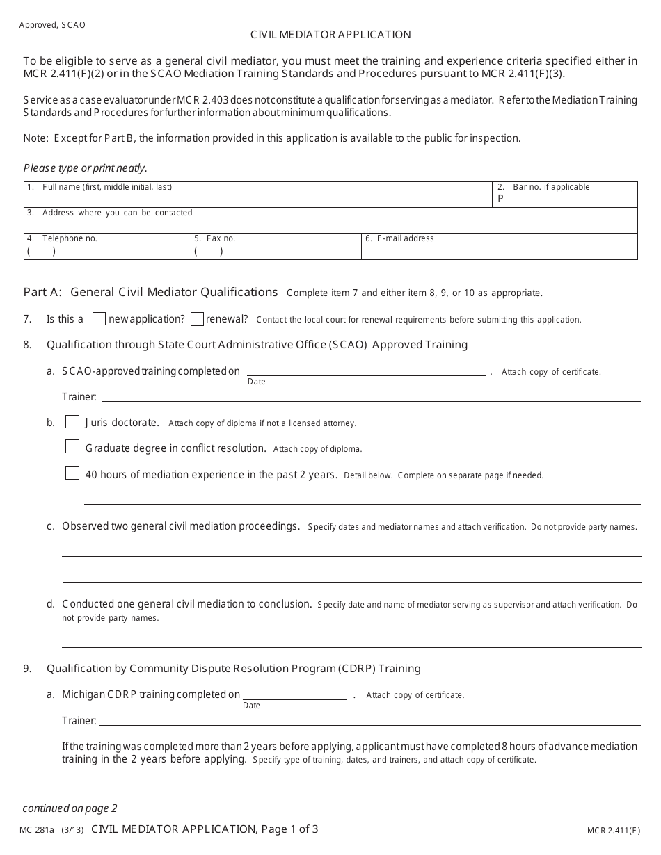 Form MC281A Civil Mediator Application - Michigan, Page 1
