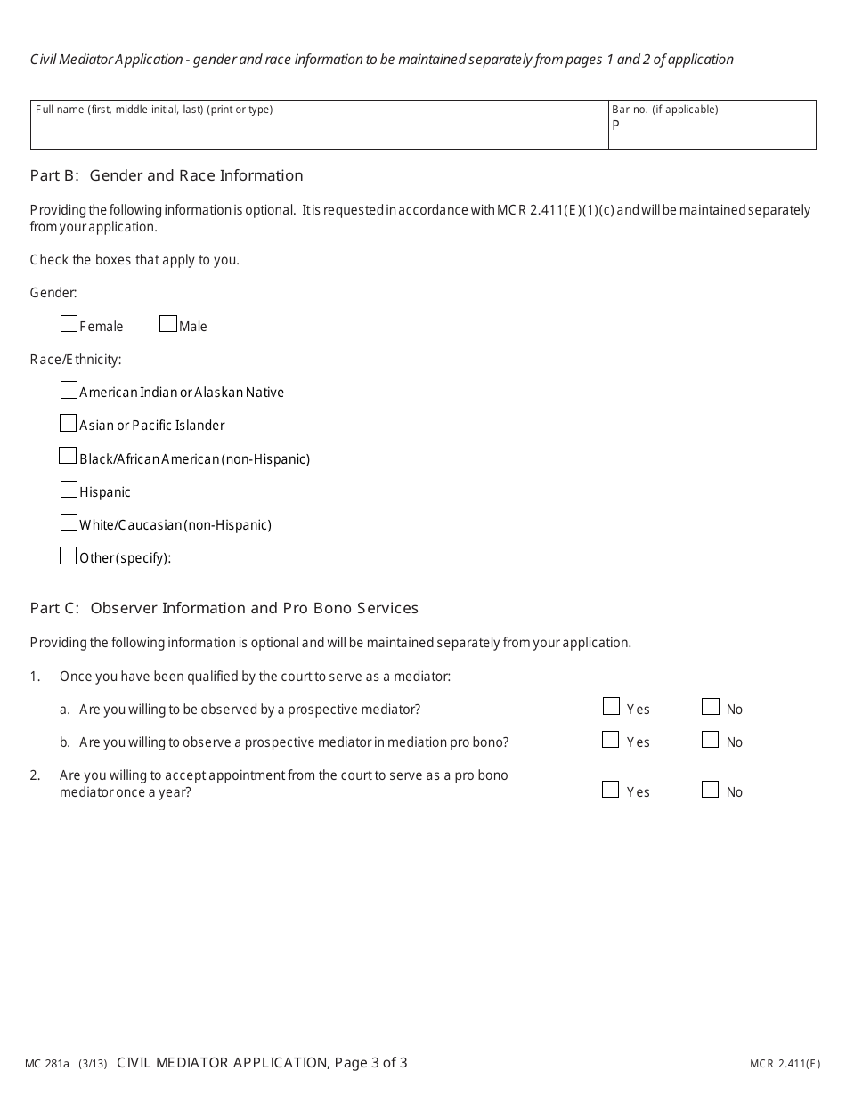 Form MC281A Civil Mediator Application - Michigan, Page 3