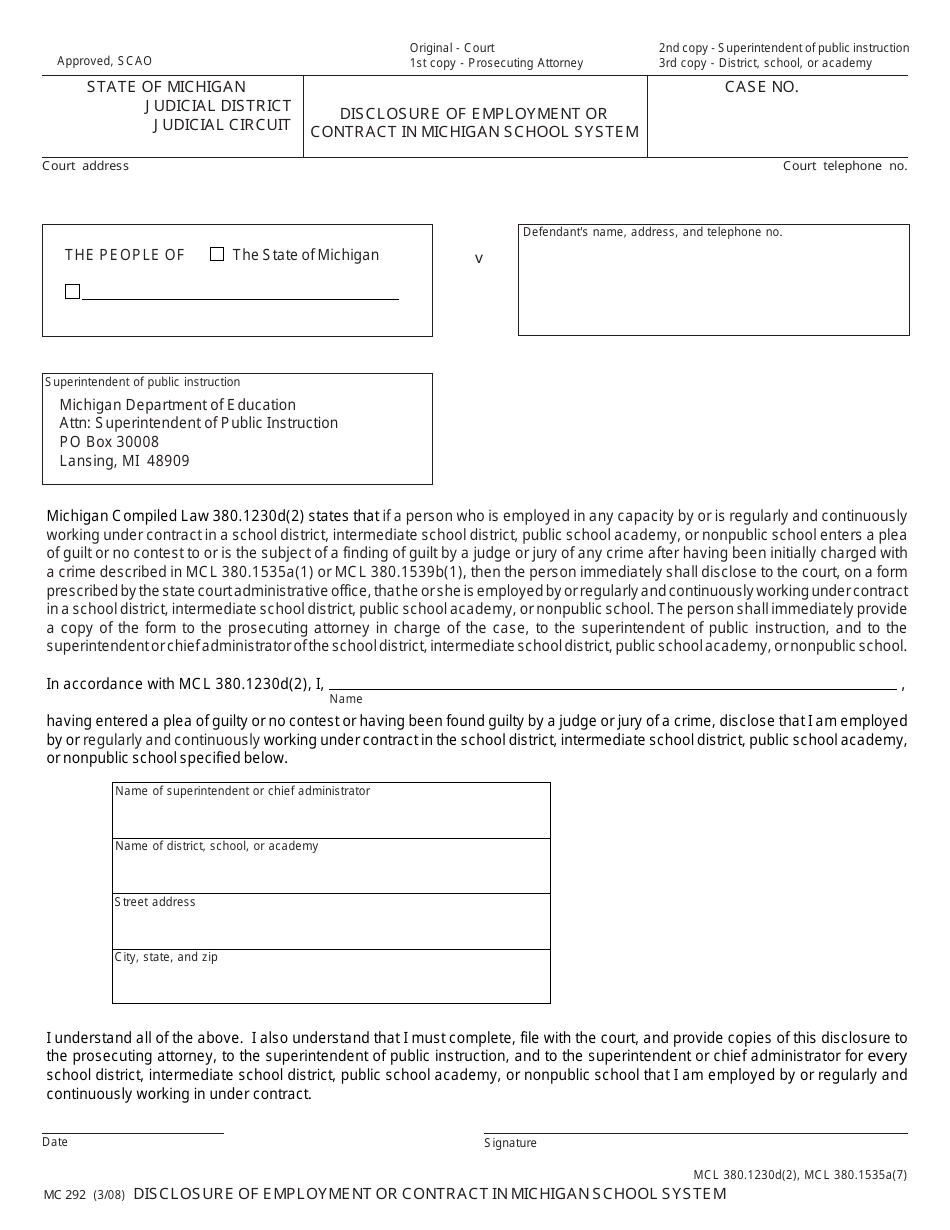 Form MC292 Disclosure of Employment or Contract in Michigan School System - Michigan, Page 1