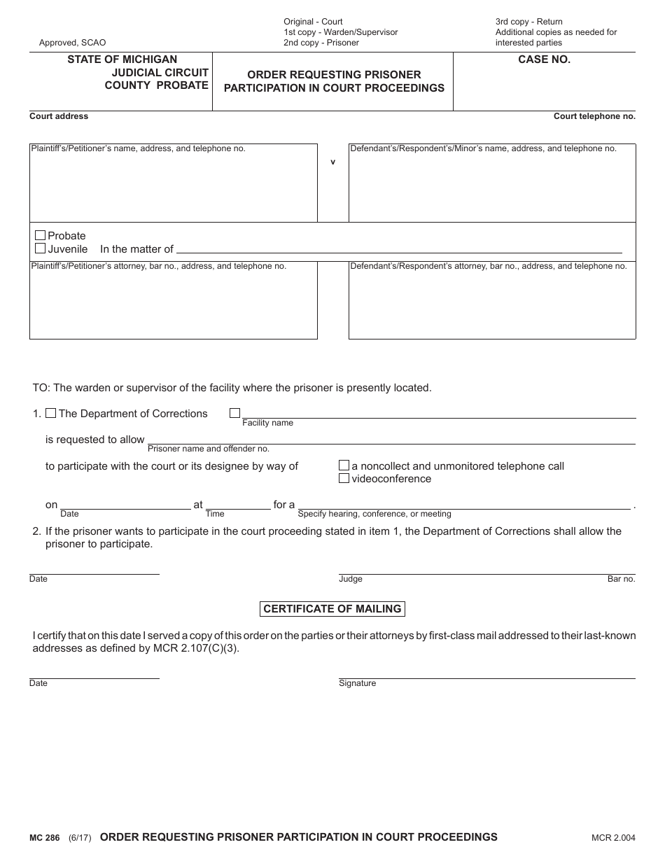 Form MC286 Order Requesting Prisoner Participation in Court Proceedings - Michigan, Page 1