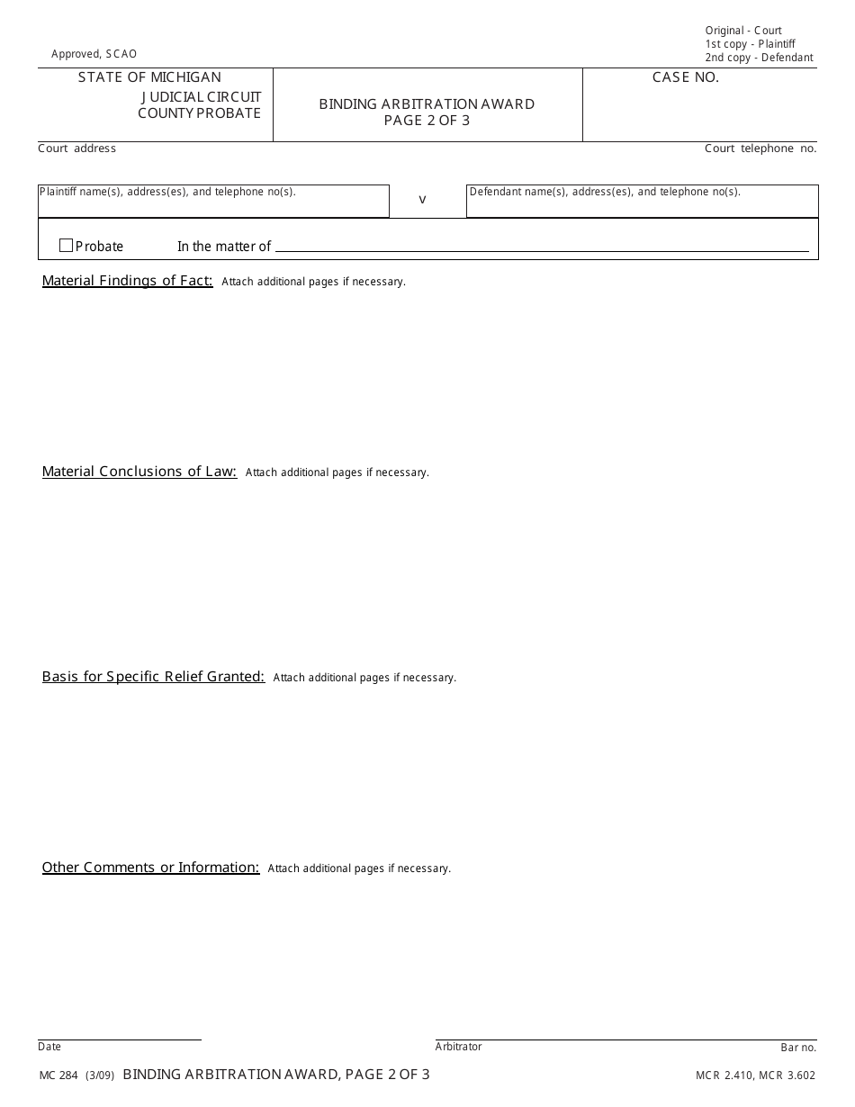 Form MC284 Binding Arbitration Award - Michigan, Page 2